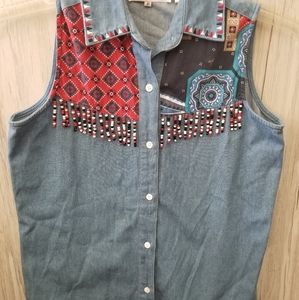 Westbound Petites Sleeveless Cotton Blouse with Beaded Detail